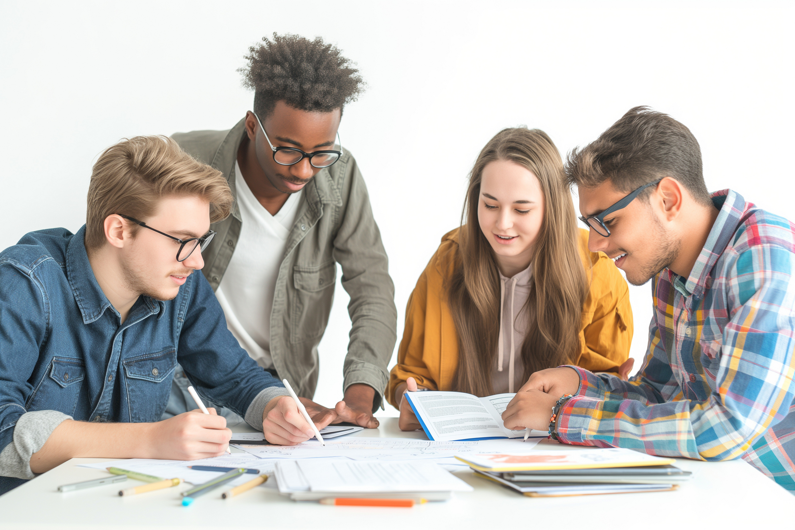 A group of young people are sitting around a table, working on a project. They are smiling and seem to be enjoying themselves