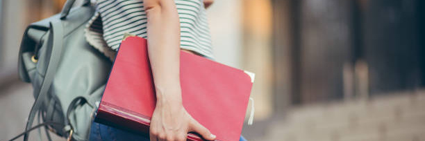 Frau mit Tasche geht Treppe hinauf zur Uni